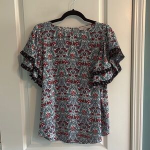 LOFT Blue and Red Floral Ruffled Short Sleeve Blouse